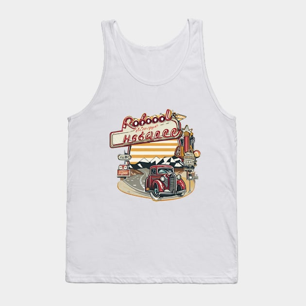 A graphic that captures the vintage vibe of a classic road trip, complete with iconic roadside attractions and retro typography. Tank Top by maricetak
